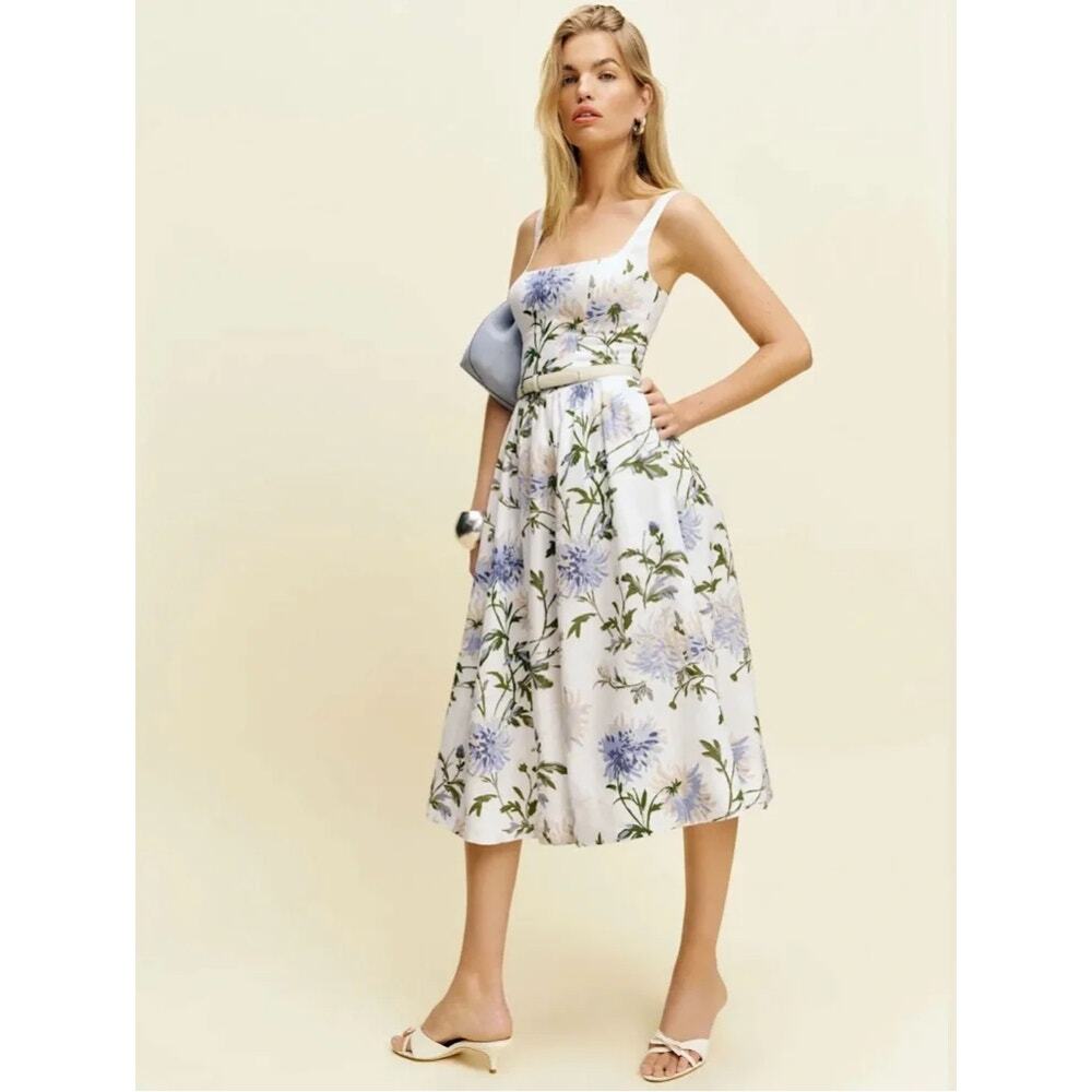 Reformation Janu Midi Linen A-Line Dress Serenity White Blue Floral Size 2
